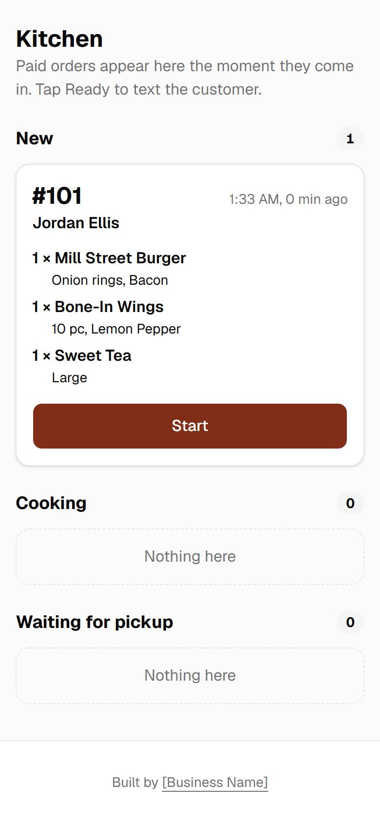 Live kitchen order screen